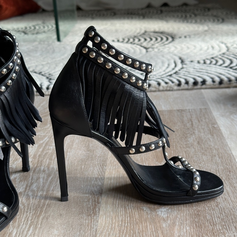 Saint Laurent Black Leather Silver Studded Fringe High Heels 36 6